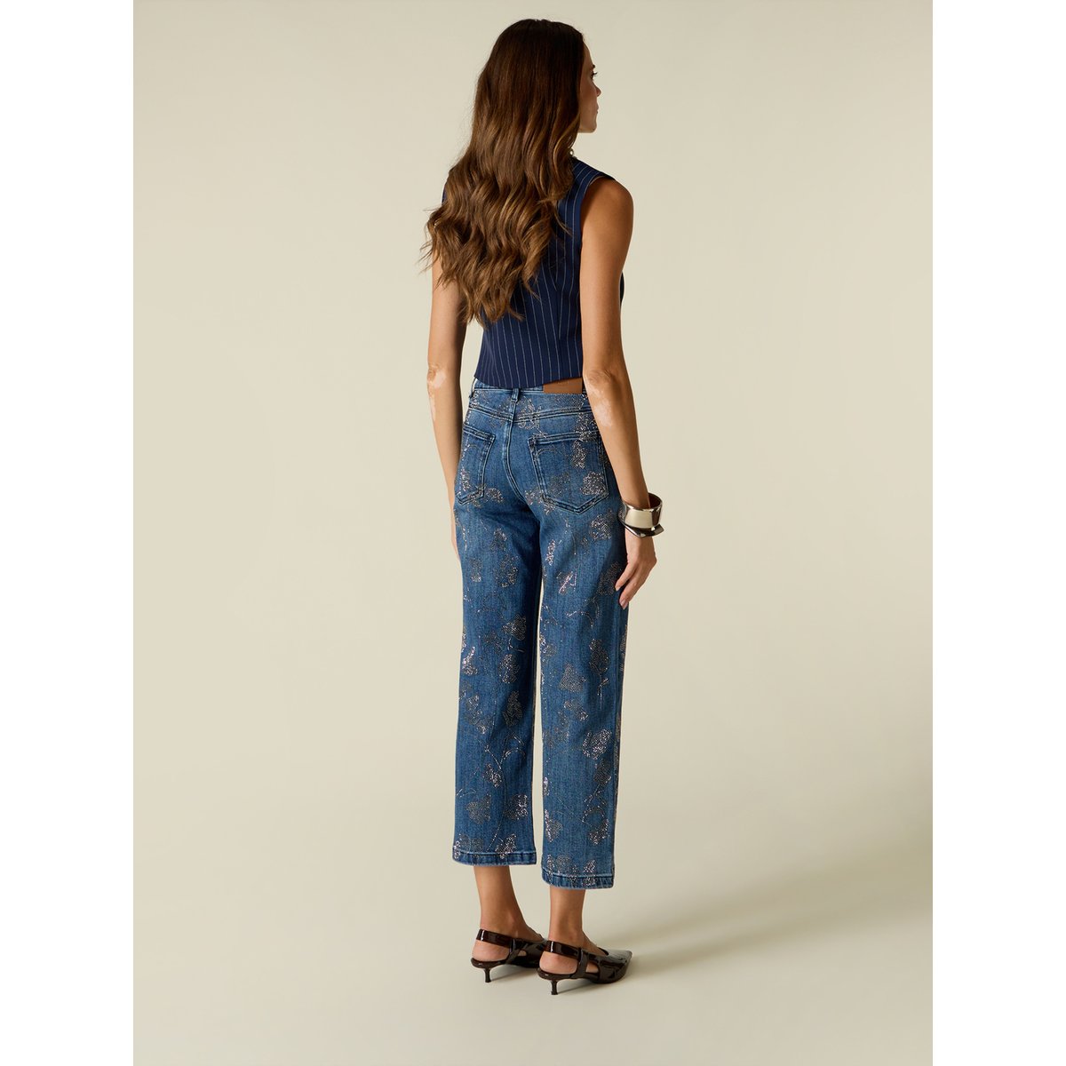Jean cropped avec application de cristaux bleu, OLTRE