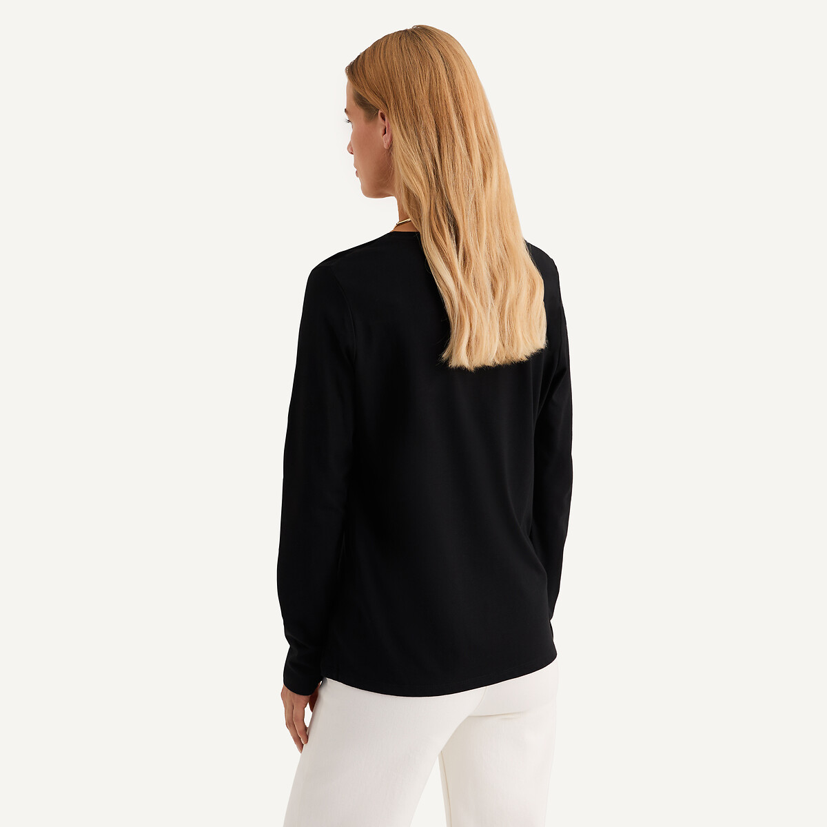 T-shirt col rond manches longues, coton modal noir, ANNE WEYBURN