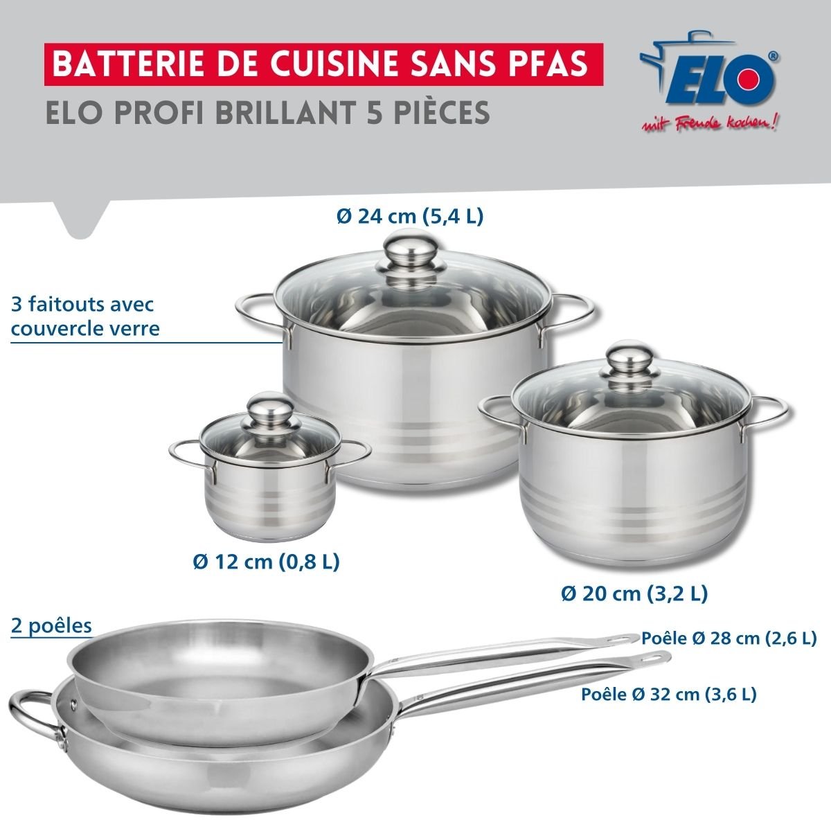 Batterie 2 poêles 28/32cm + 3 faitouts 12/20/24cm PROFI BRILLANT inox, ELO