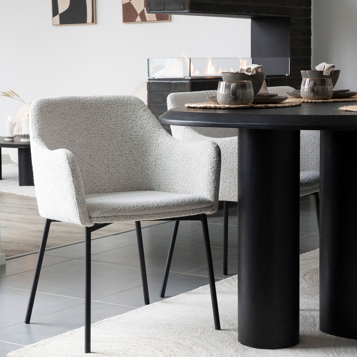 Lot de 2 fauteuils de table en tissu bouclette et métal- MELILLA écru, HOUSE NORDIC