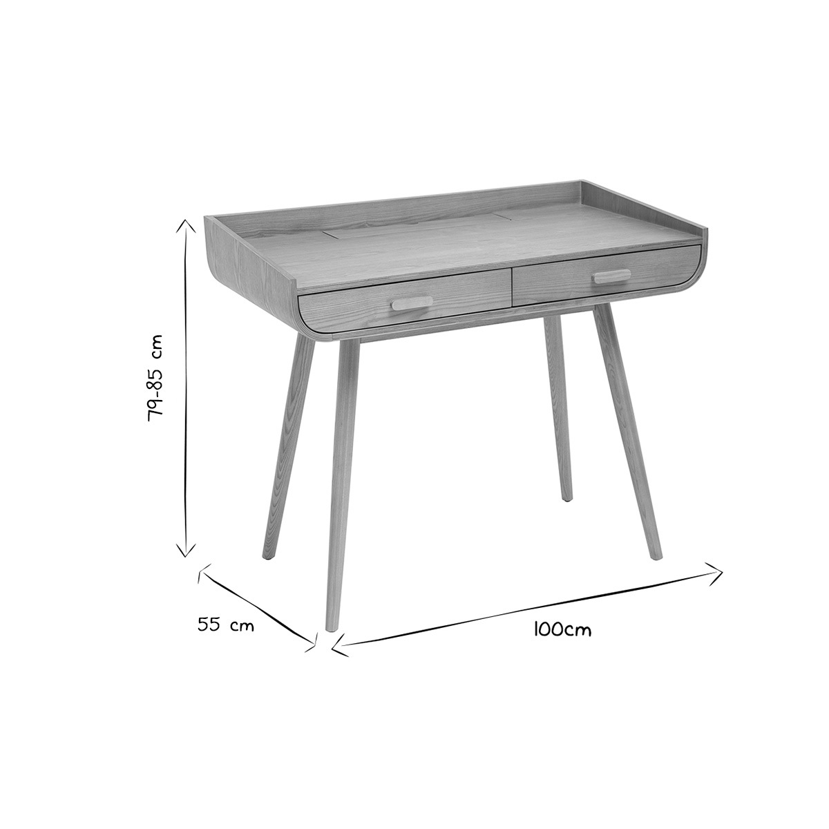 Bureau scandinave bois foncé avec rangements 2 tiroirs L100 cm HALLEN frêne, MILIBOO
