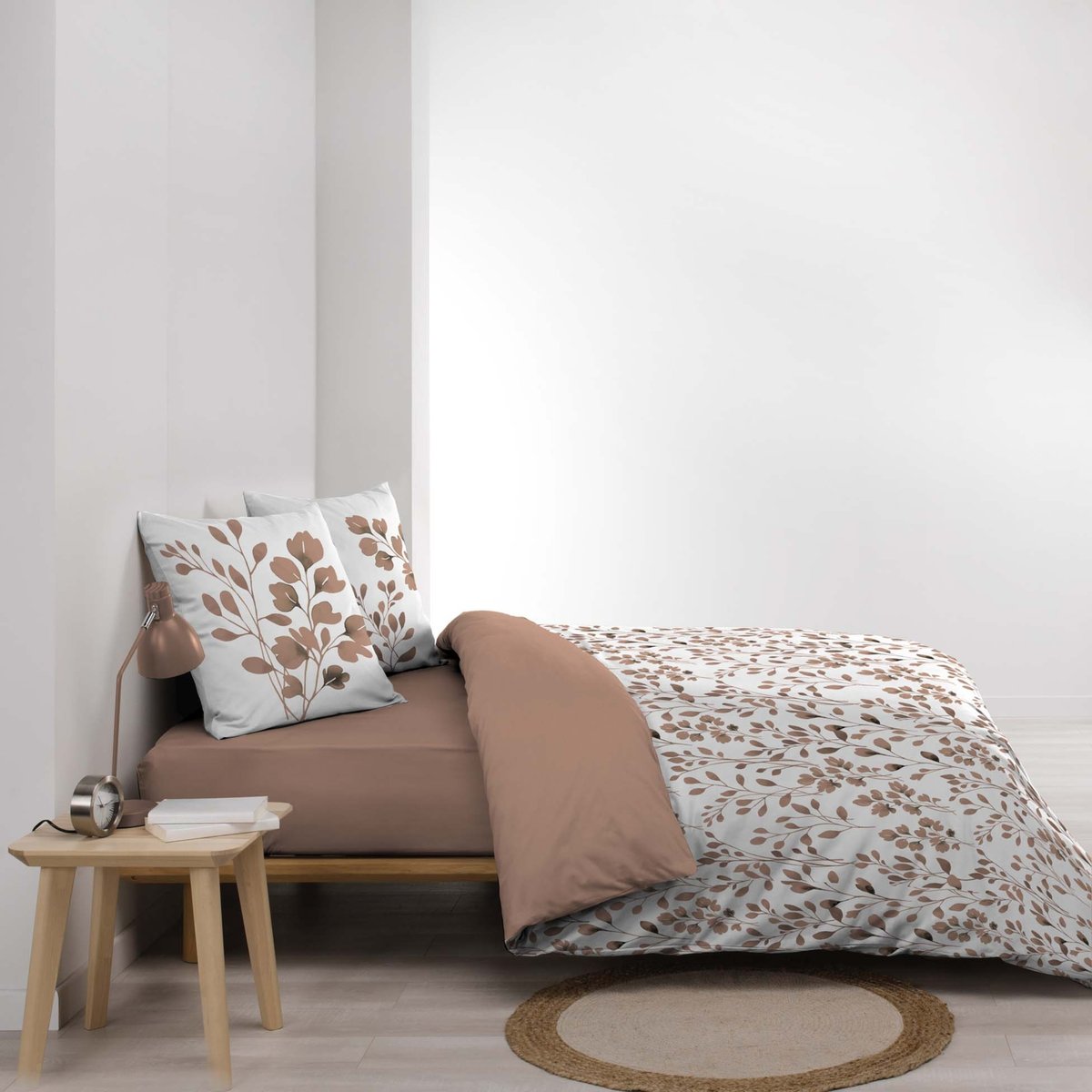 Parure de lit 3 pièces en coton à motif feuillage housse + taies rose, DOUCEUR D'INTÉRIEUR
