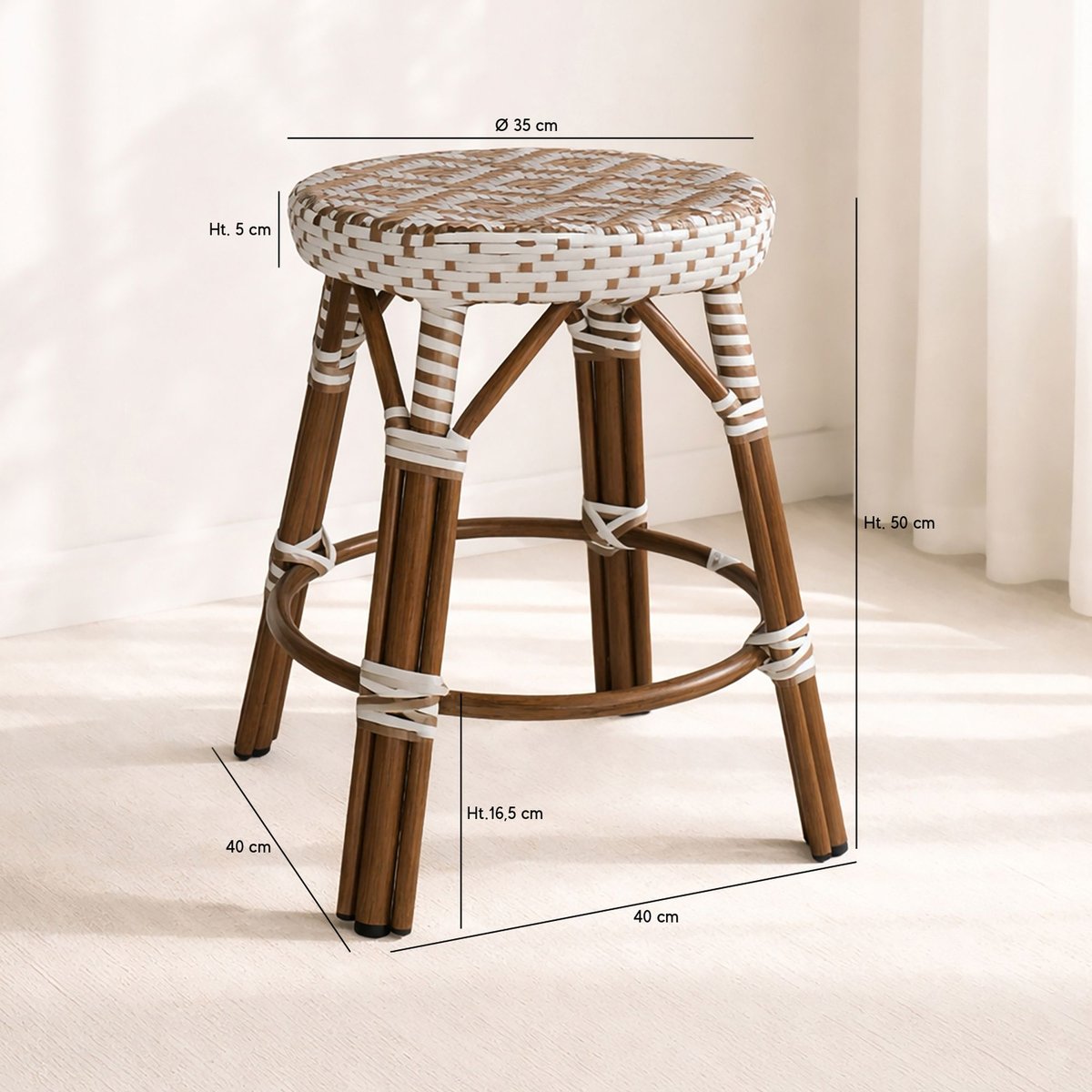 Tabouret bas effet rotin naturel, SCALA noisette, NOW'S HOME