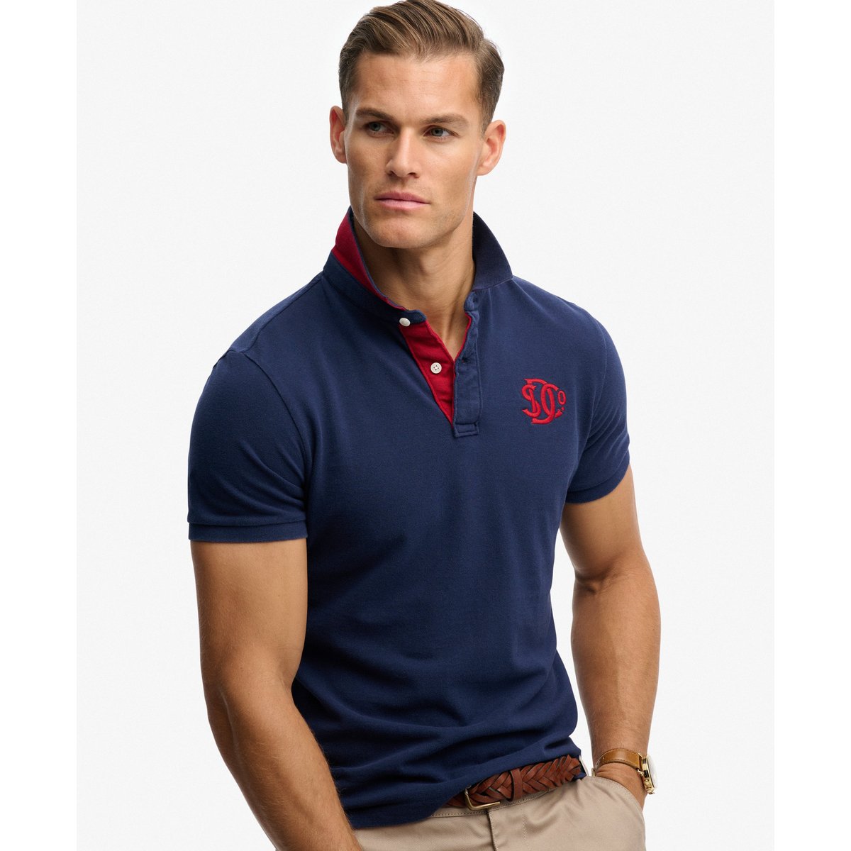 Polo Piqué Monogram bleu marine intense/rouge, SUPERDRY