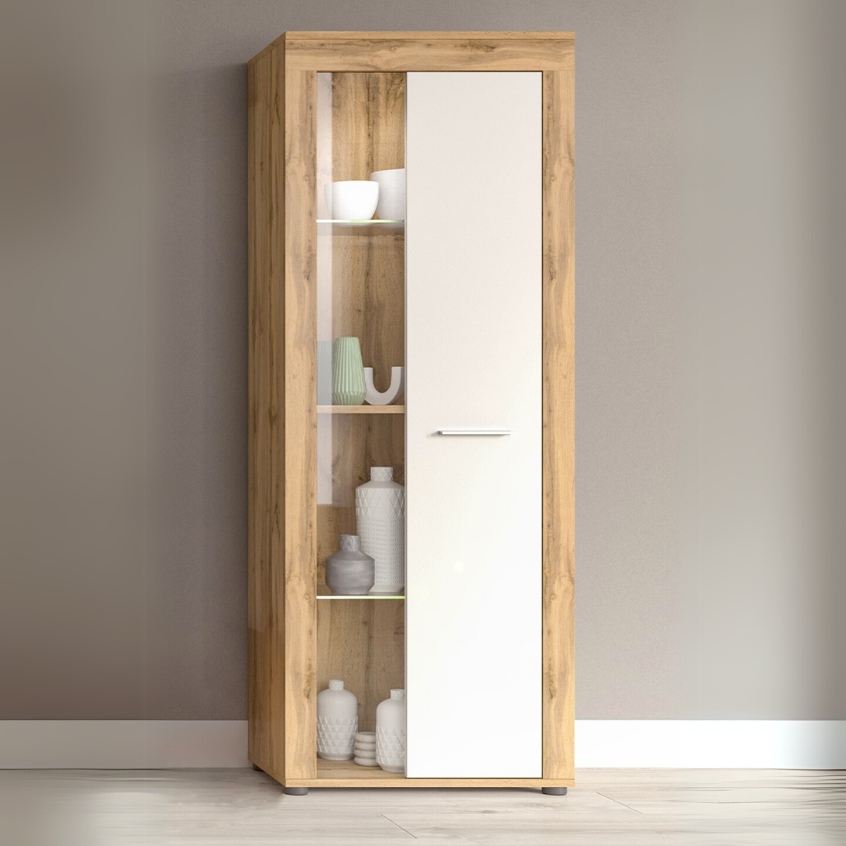 Meuble vitrine 1 porte vitrée blanc et chêne wotan H159 cm - AOSTA blanc, CALICOSY