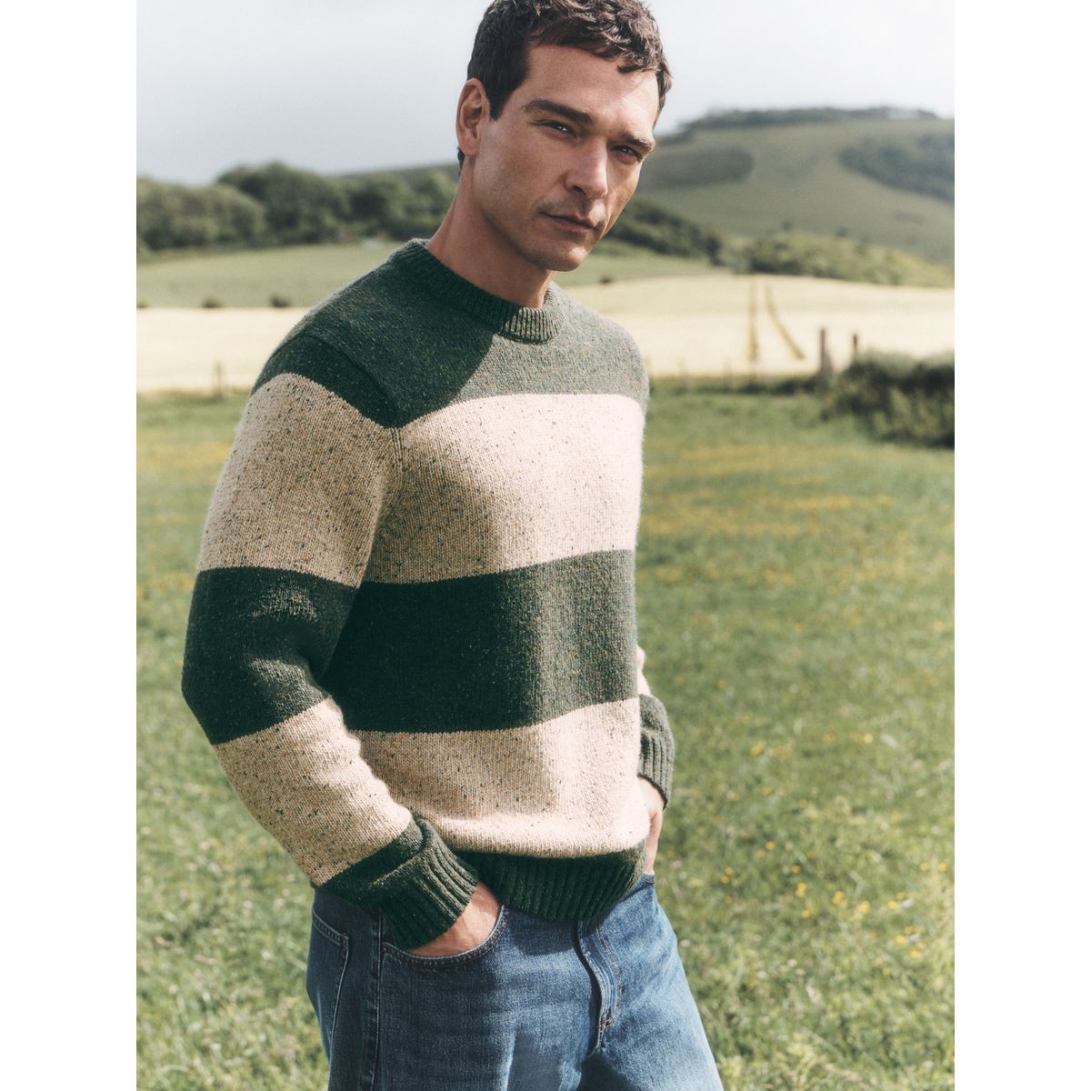Pull ras du cou en maille rayures vertes/écrues, NEXT