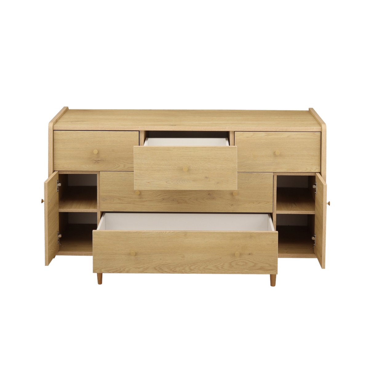 Commode 5 tiroirs et 2 portes pieds bois et poignées métal marron, SAUTHON