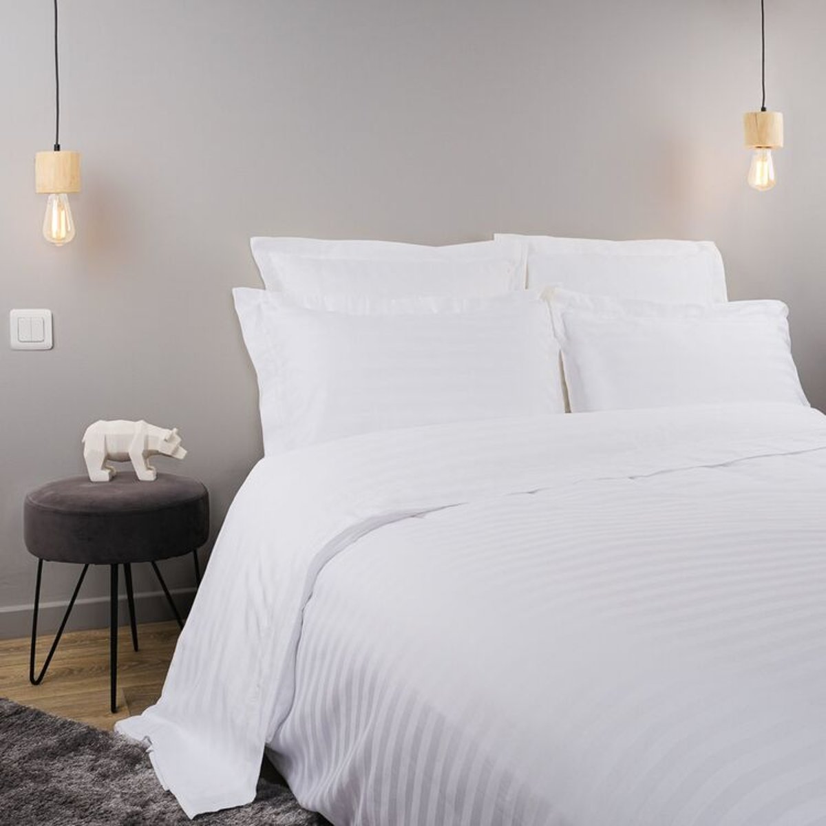 Drap housse en coton bande satin REVE blanc, LINANDELLE