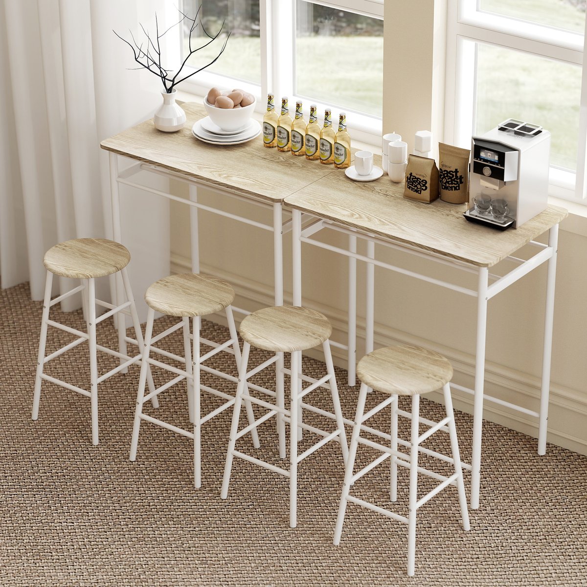 Ensemble de table de bar Métal Blanc blanc, chêne clair, HOMCOM