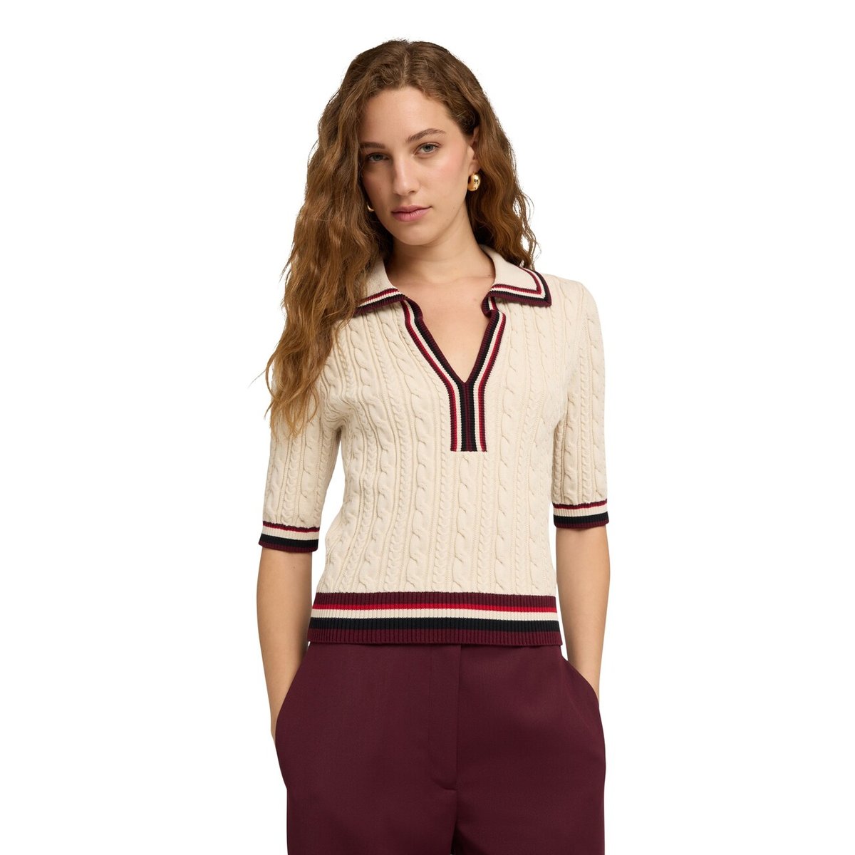 Pull tressé avec col polo blanc, MOTIVI