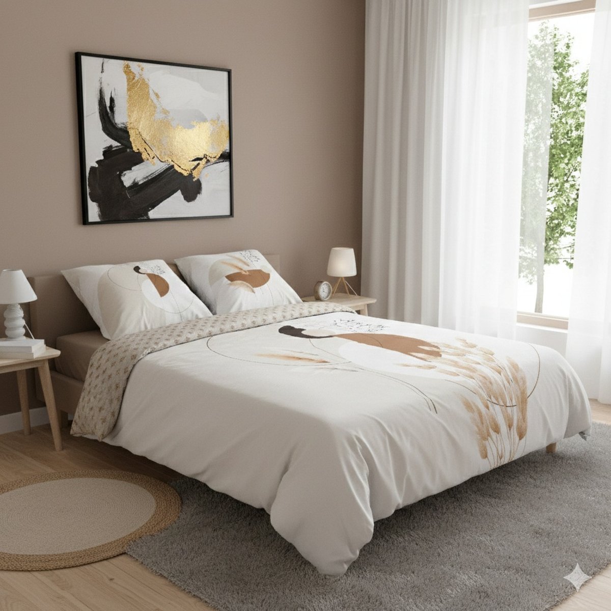 Housse couette + 2 taies graphique végétal beige, EDEN