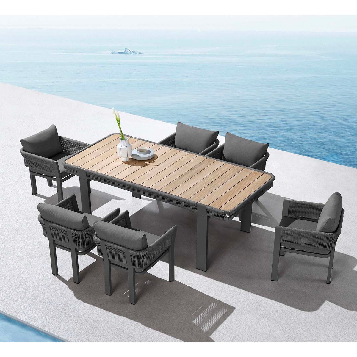 Ensemble repas 6 places jardin en aluminium et corde tressée, OLBY gris anthracite, AU JARDIN DE CHLOÉ