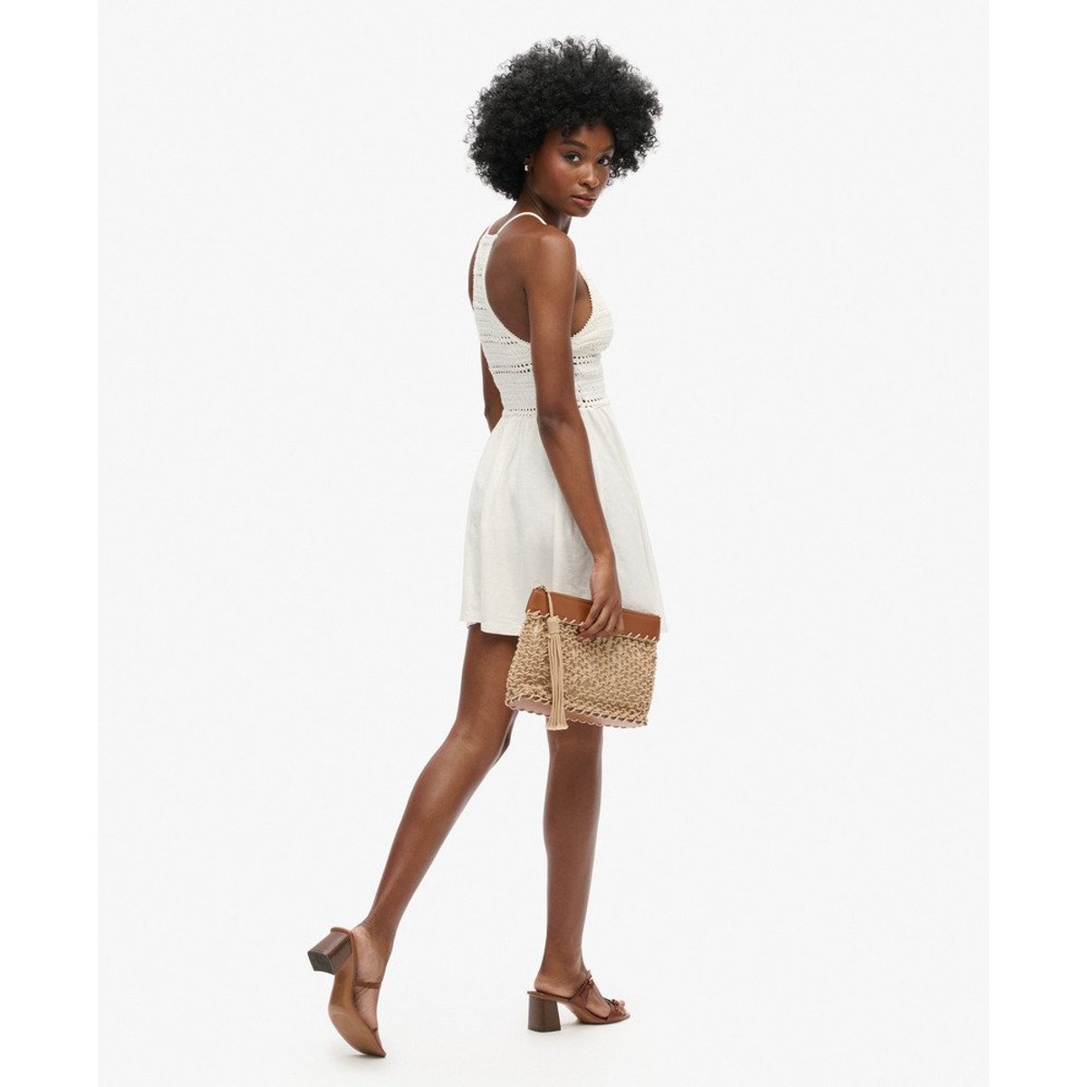 Robe courte en jersey et dentelle blanc cassé, SUPERDRY