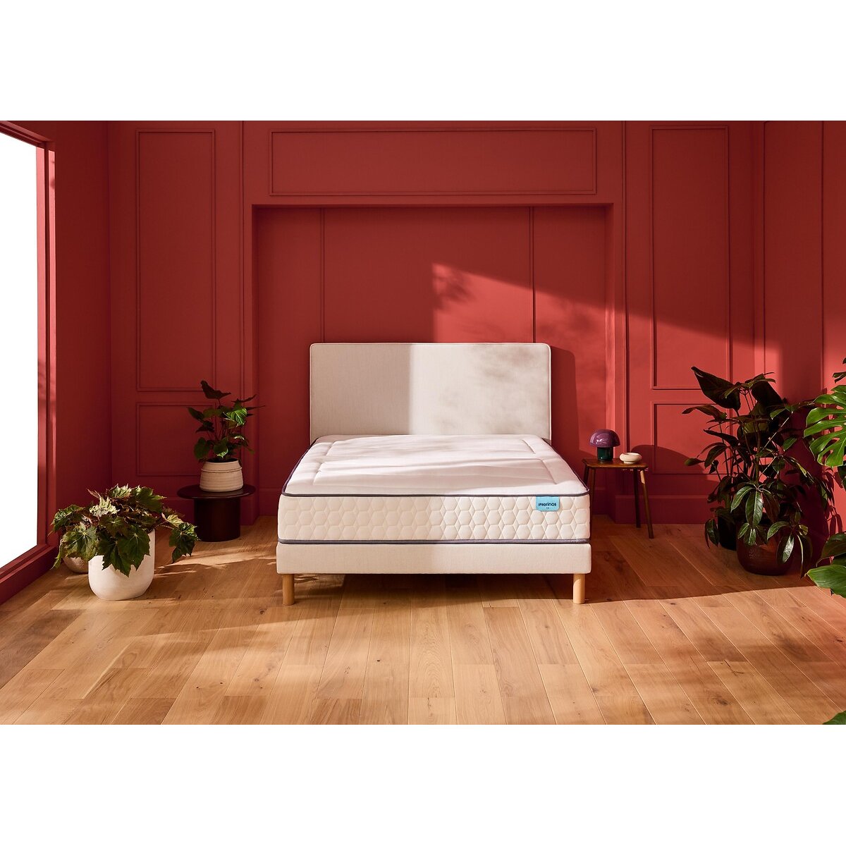 Set di materasso con 580 molle, 5 zone, e base letto imbottita BEAUTY BED 2 tissé sable blanc, MERINOS
