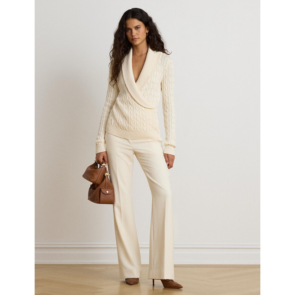 Maglione incrociato con scollo a V, a trecce crema, LAUREN RALPH LAUREN