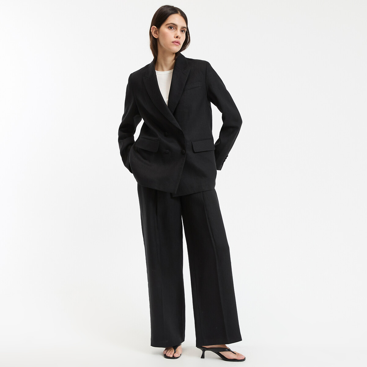 Blazer croisé coupe ample en lin noir, LA REDOUTE COLLECTIONS