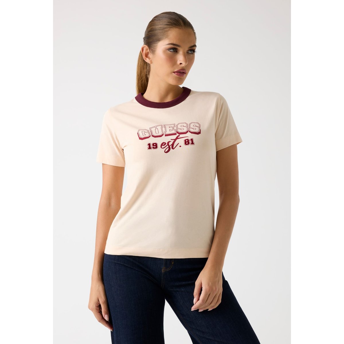 T-Shirt Logo Strass beige, GUESS