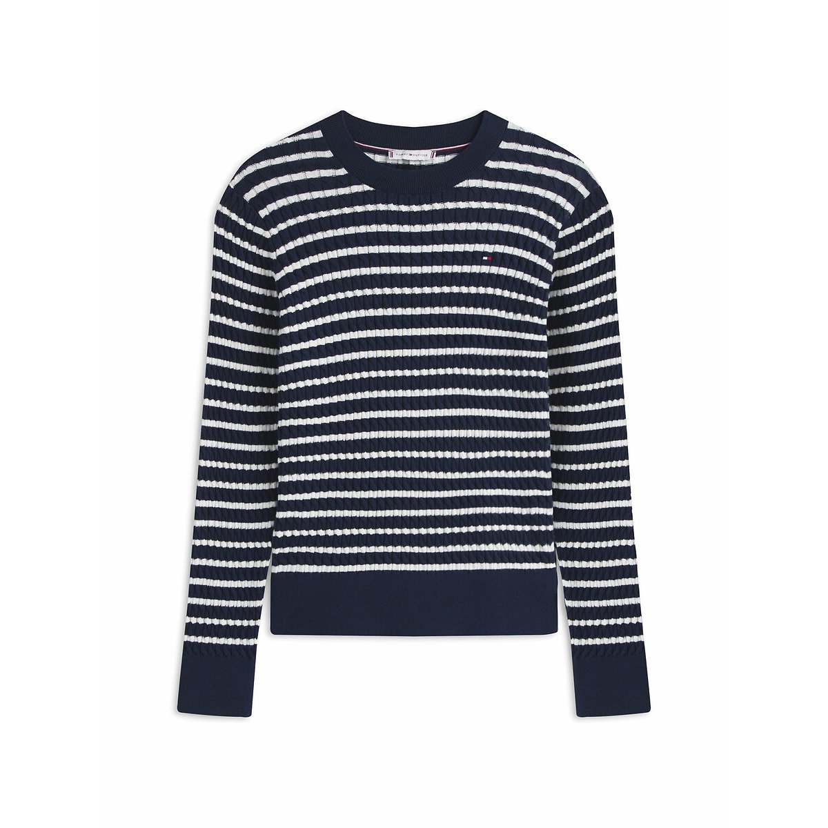 Striped Crew Neck Jumper in Cable Knit navy striped, TOMMY HILFIGER