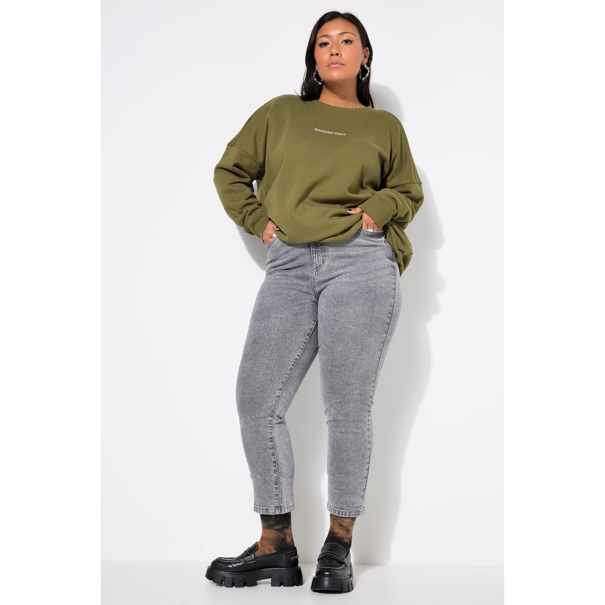 Jean mom à strass. Coupe Wide Legs 5 poches jean gris, STUDIO UNTOLD