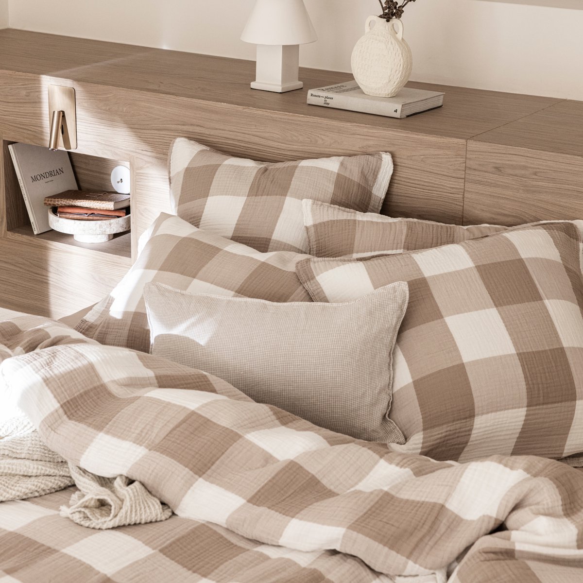 Housse de couette gaze de coton tissée, SIMPLEMENT GAUFRÉ VICHY beige, BLANC CERISE