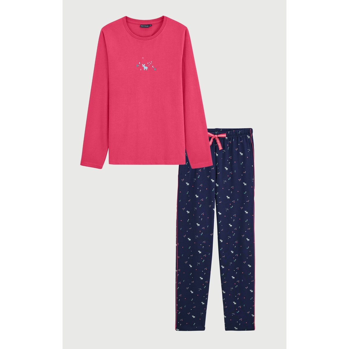 Pyjama en jersey de coton épais imprimé Cerf d'hiver marine, ARTHUR