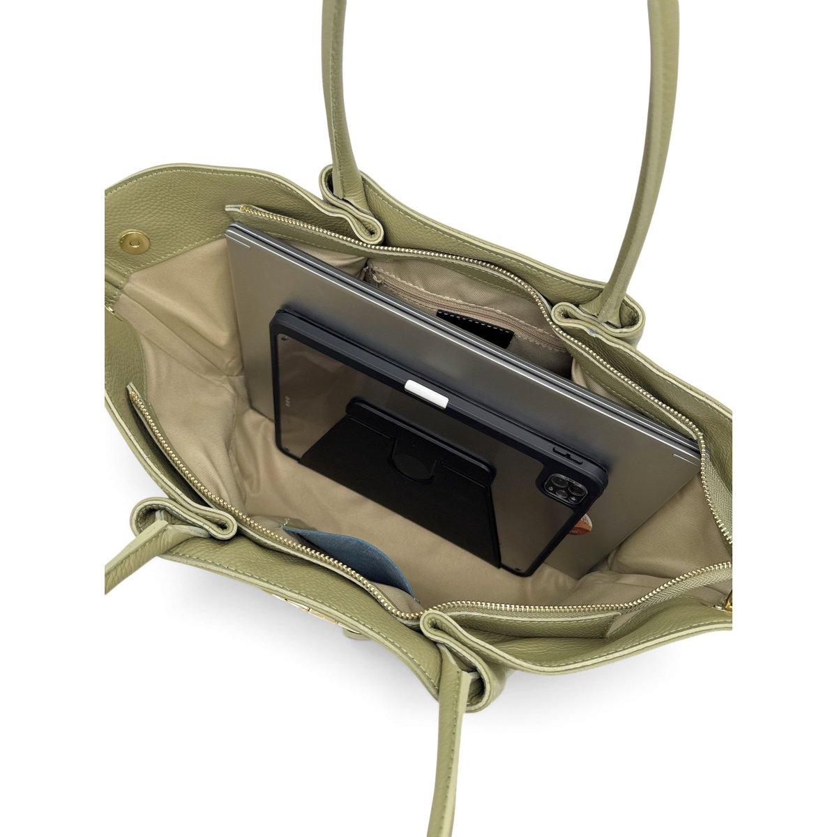 Grand sac cabas en cuir grainé CAMPUS matcha latte, OH MY BAG