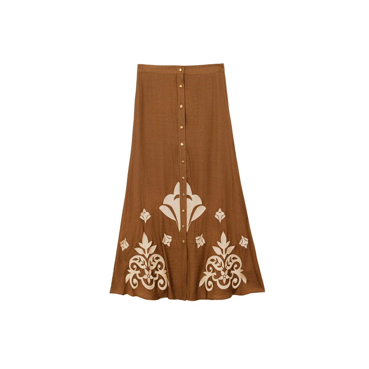 Jupe longueur midi évasée imprimé broderie JAELA 15-camel, LA PETITE ETOILE