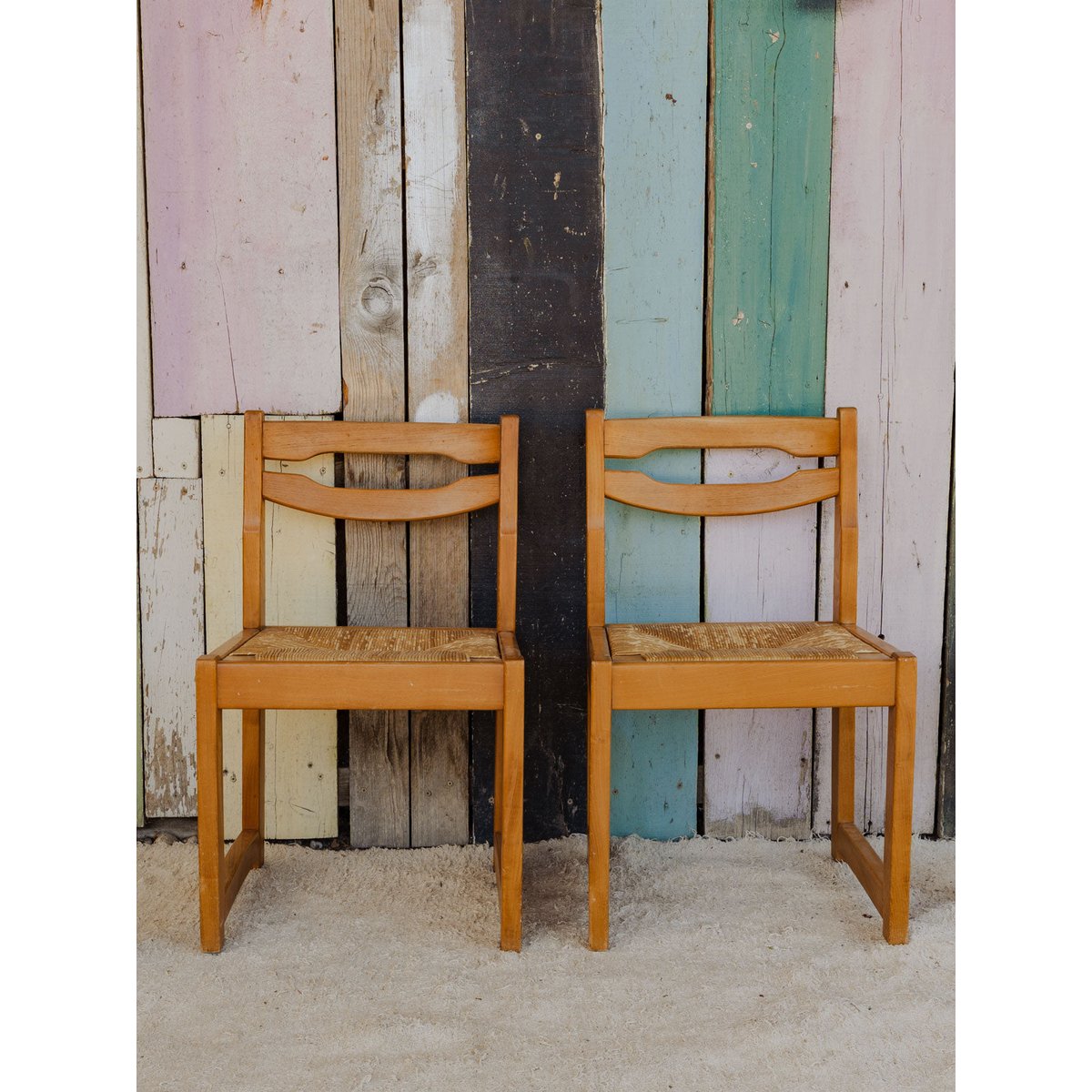 Lot de 4 chaises en bois et paille Claude N°1388 - Bon état bois clair, DEBONGOUT