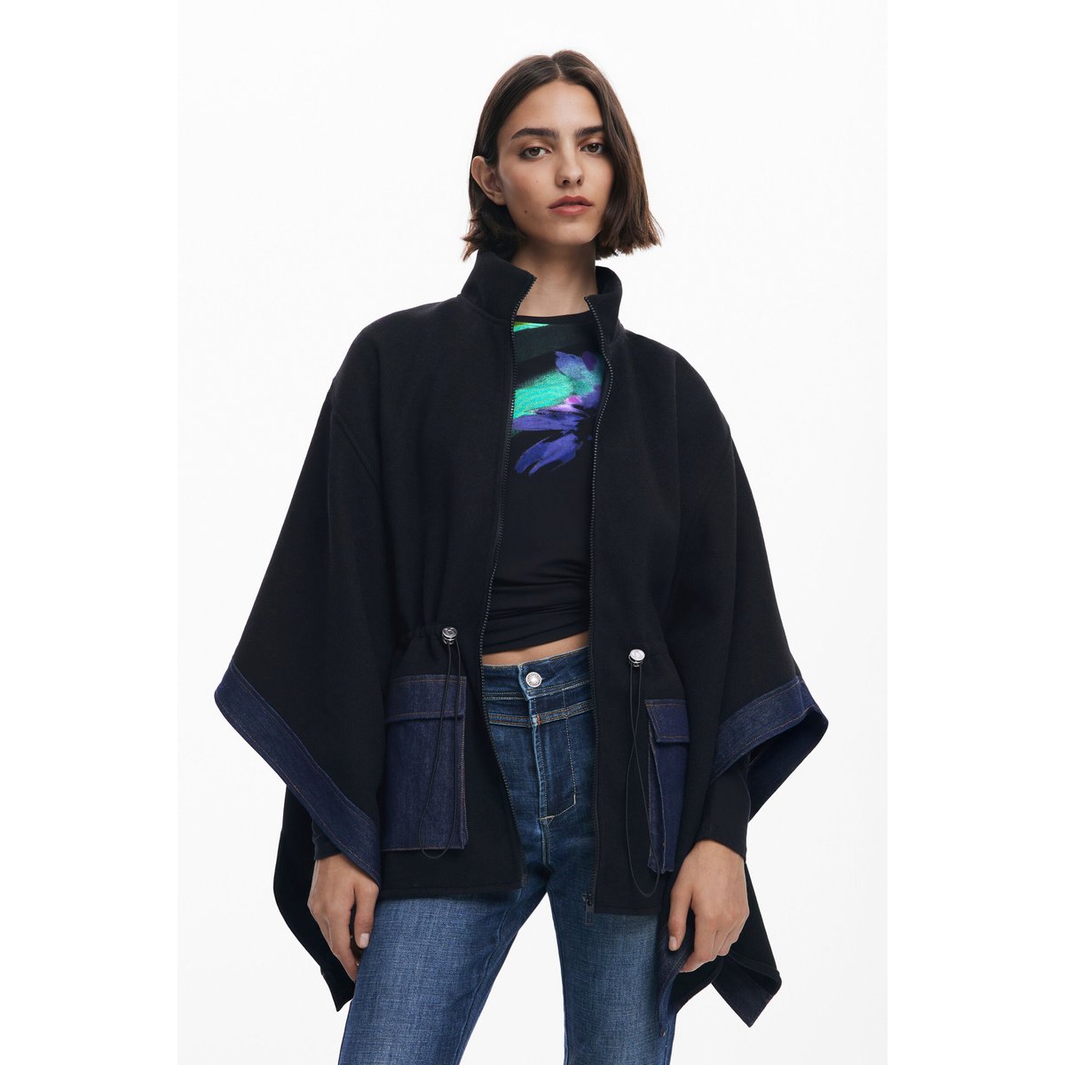 Poncho en denim combiné noir, DESIGUAL