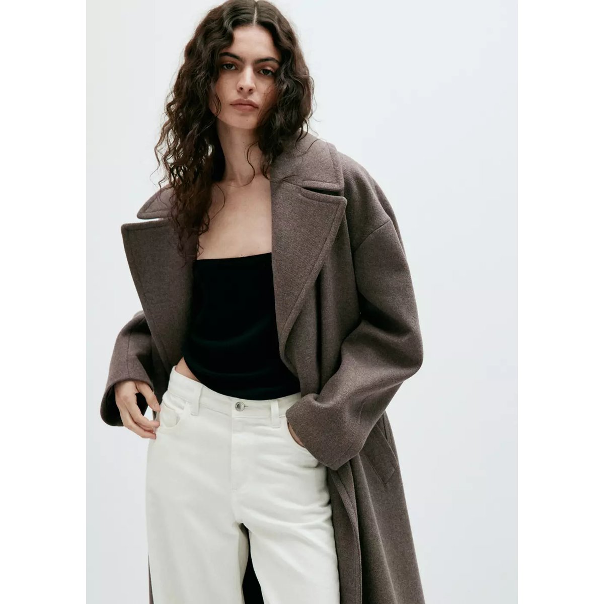 Manteau laine Manteco ceinture marron moyen, MANGO