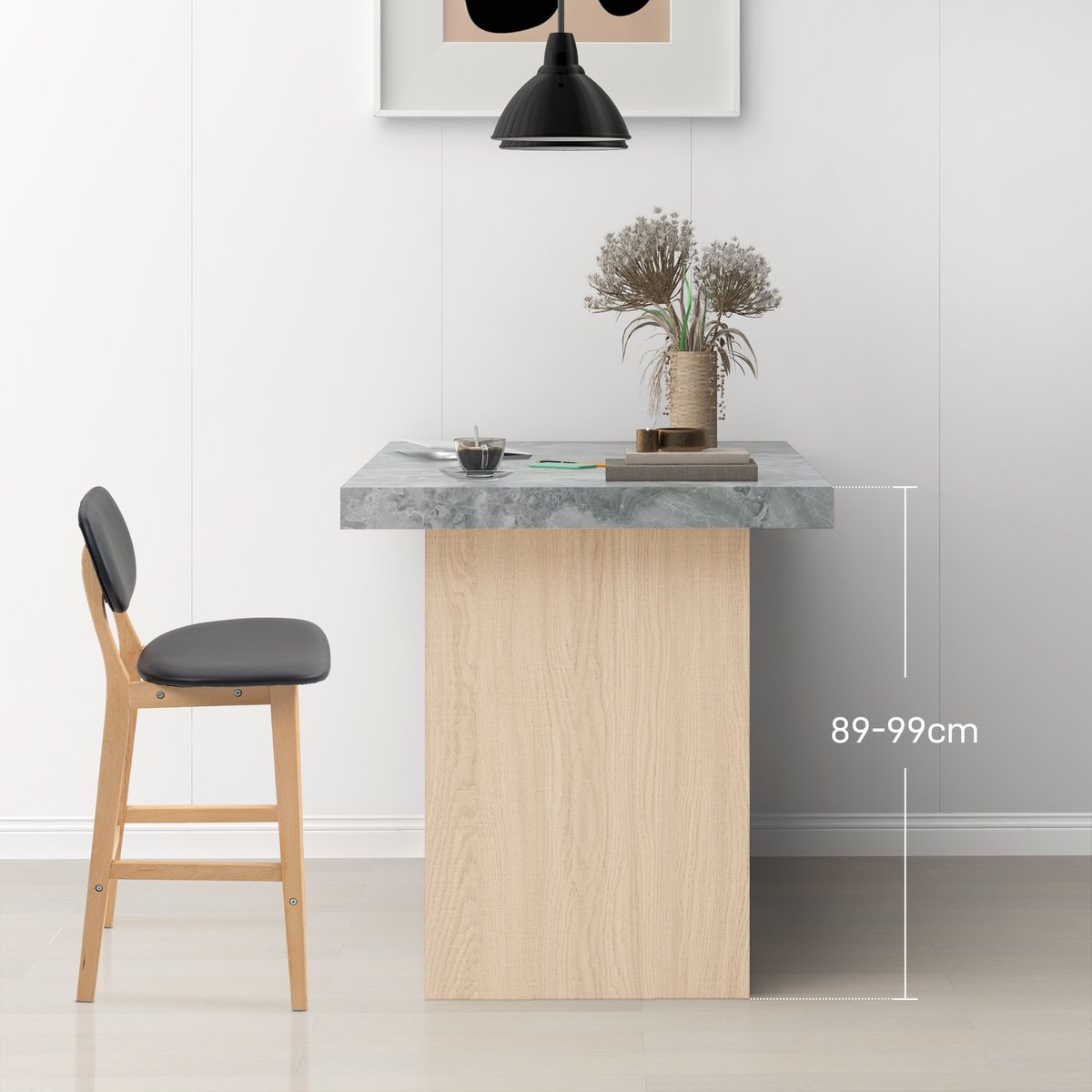 Tabouret de bar Revêtement synthétique Noir noir et bois naturel, HOMCOM