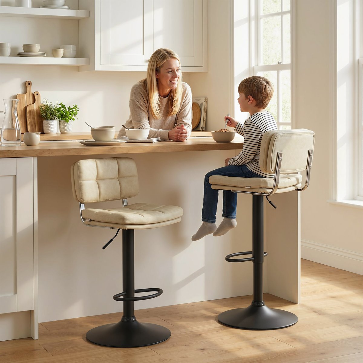Tabouret de bar Revêtement synthétique PU crème, noir, HOMCOM