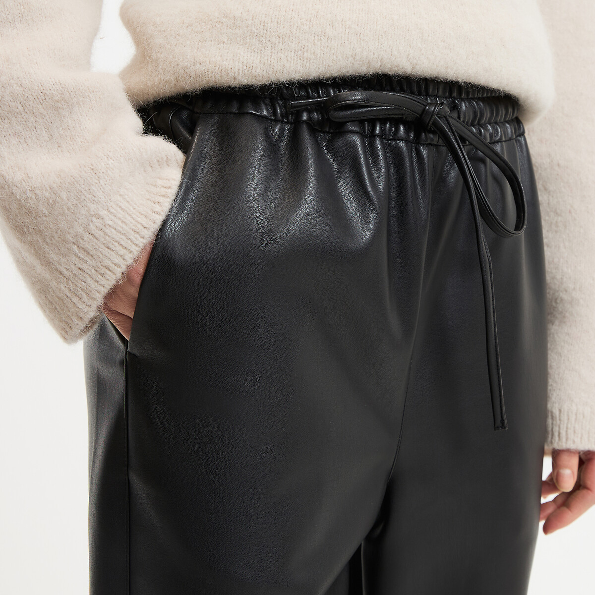 Ankle Grazer Straight Trousers in Faux Leather with Elasticated Waistband black, LA REDOUTE COLLECTIONS