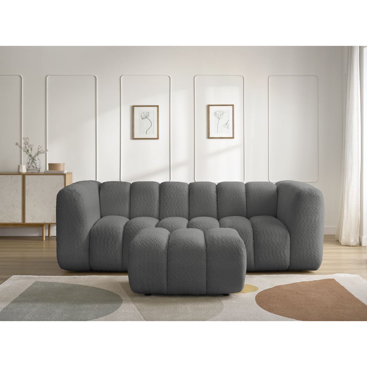 Canapé droit fixe 3 places en tissu bouclette avec pouf, TALIA gris foncé, BOBOCHIC