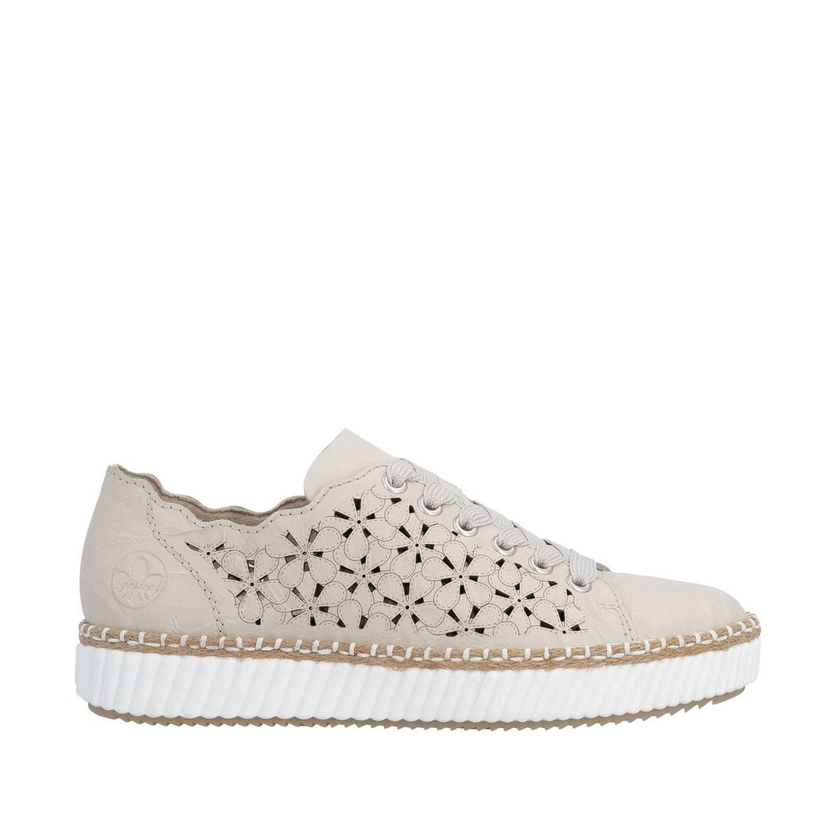 Tennis beiges en cuir à talon plat avec des lacets et des motifs fleuris beige, RIEKER