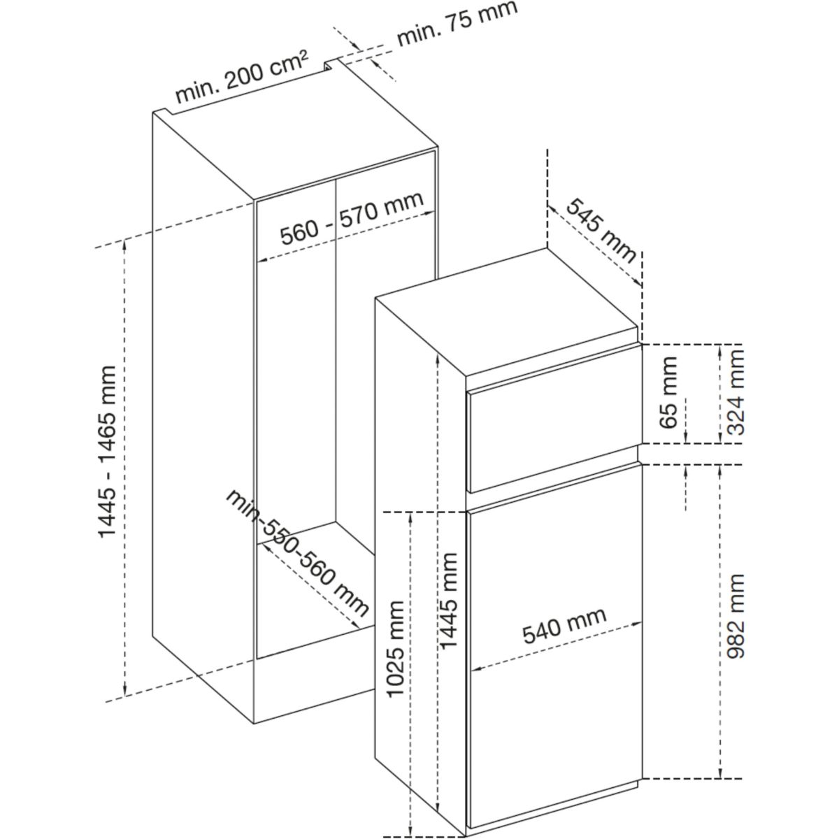 Réfrigérateur 2 portes encastrable ARI200DA 145cm intégrable, AIRLUX