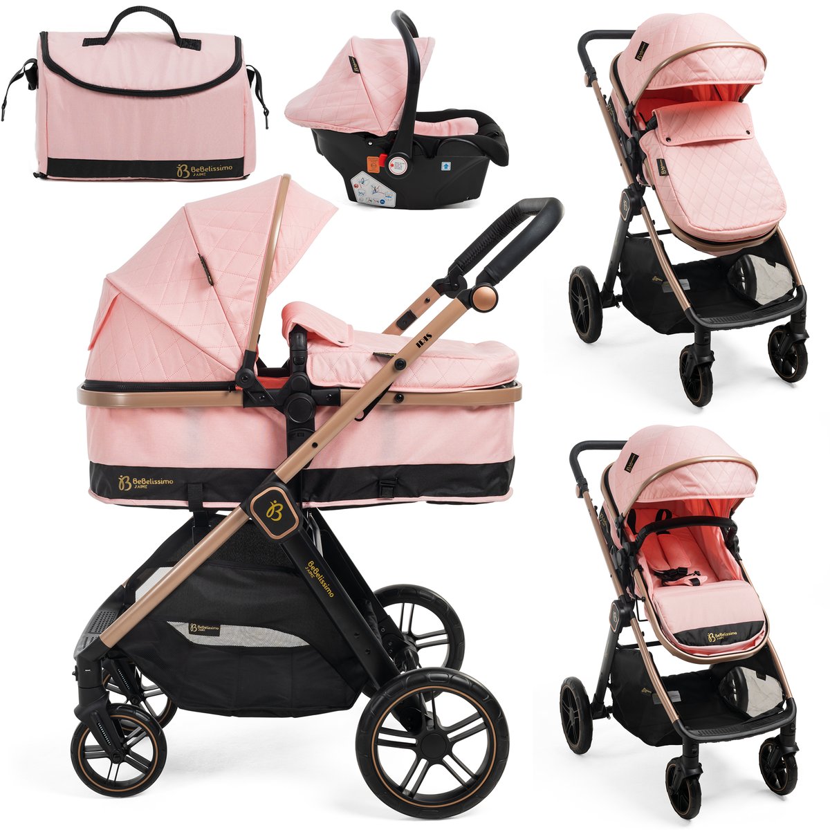 Poussette combinée trio 3 en 1 - siège auto 0+ IRIS – nacelle – dès la naissance – jusqu’à 22kg - rose rose, BEBELISSIMO J'AIME