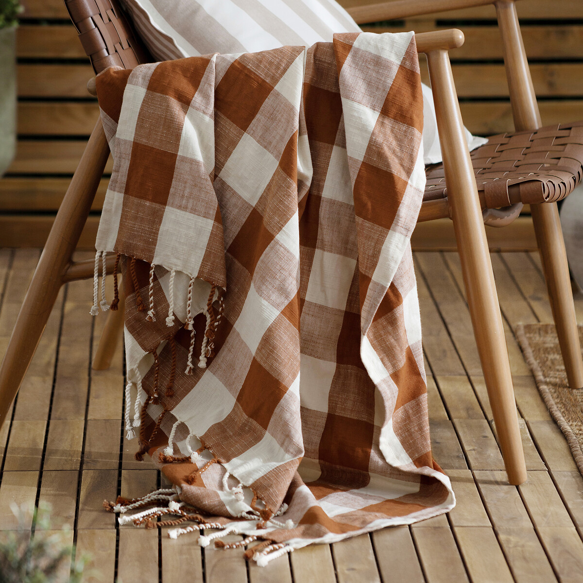 Chesil Check Tasselled 100% Cotton Throw pecan, YARD