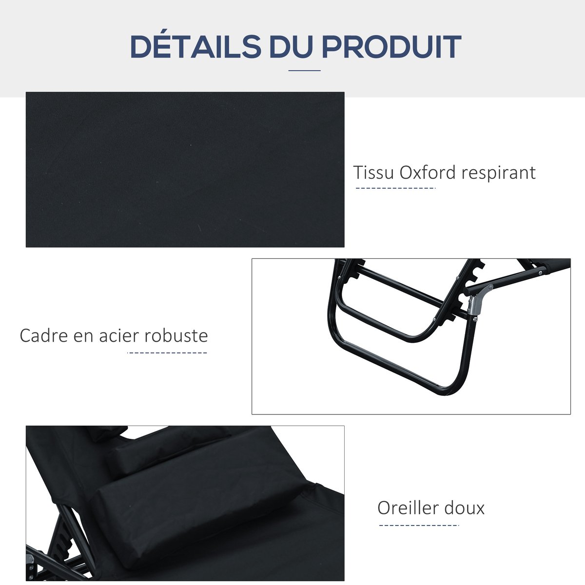 Chaise longue Bois Noir noir, OUTSUNNY