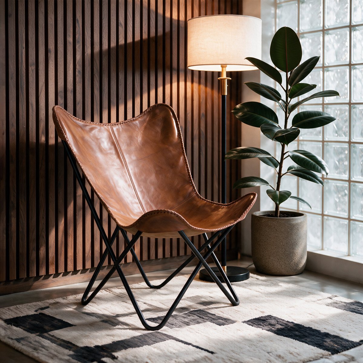 Fauteuil papillon en cuir de buffle - OCTAVE marron, MAISON PAVANE