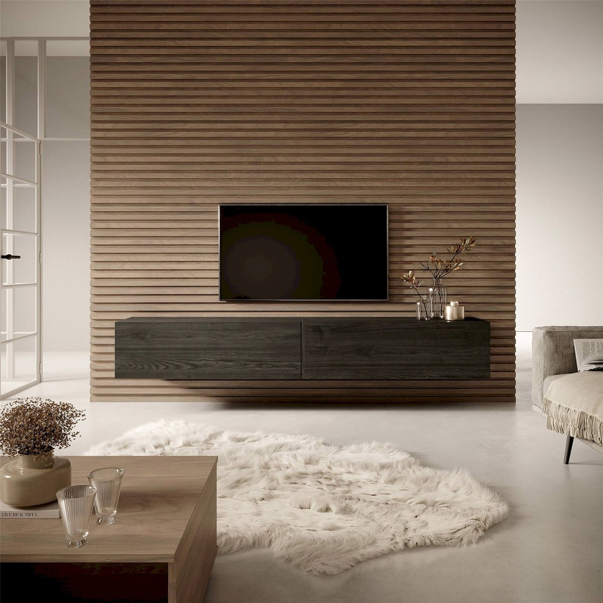 Meuble tv suspendu bois collection BISIRA cachemire, RECOLLECTION