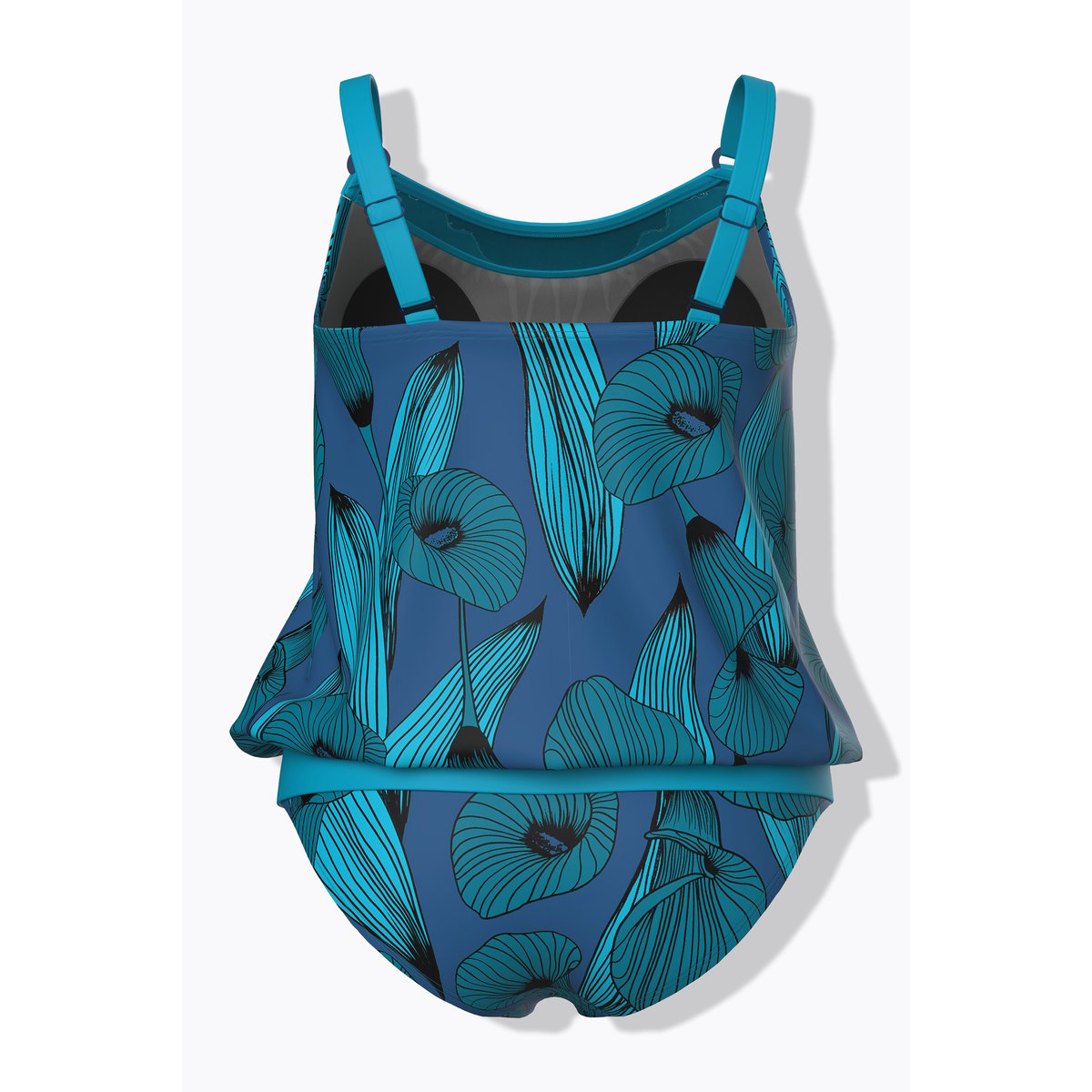 Tankini avec bonnets souples, motif arums bleu turquoise, ULLA POPKEN