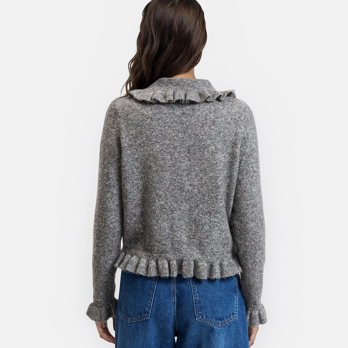 Cardigan col Claudine avec détails volants gris chiné, LA REDOUTE COLLECTIONS