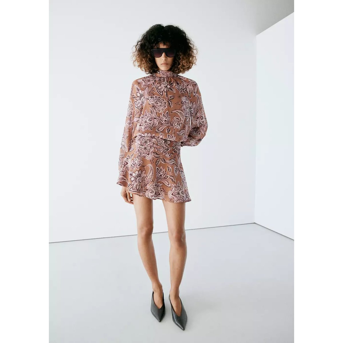 Robe imprimée détails froncés orange brûlé, MANGO