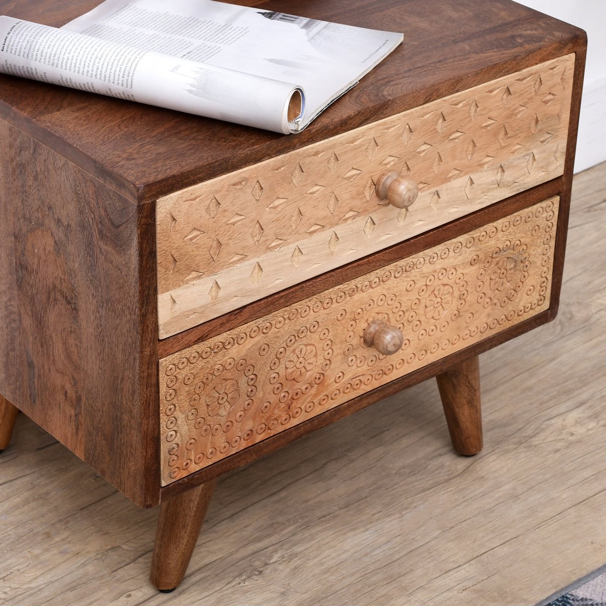 Table de chevet 2 tiroirs, bois de manguier, NAGPUR bois, NORDLYS