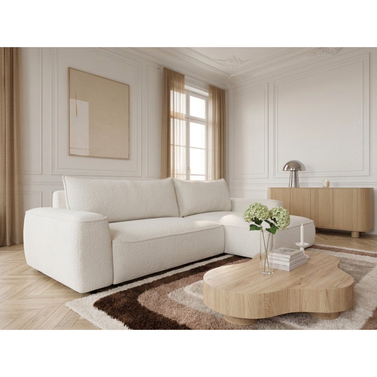 Canapé d'angle convertible 3 places en tissu chenille, HONORE blanc, BOBOCHIC