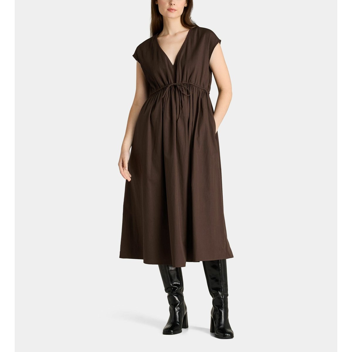 Robe déesse évasée mi-longue en coton marron chocolat, GALERIES LAFAYETTE