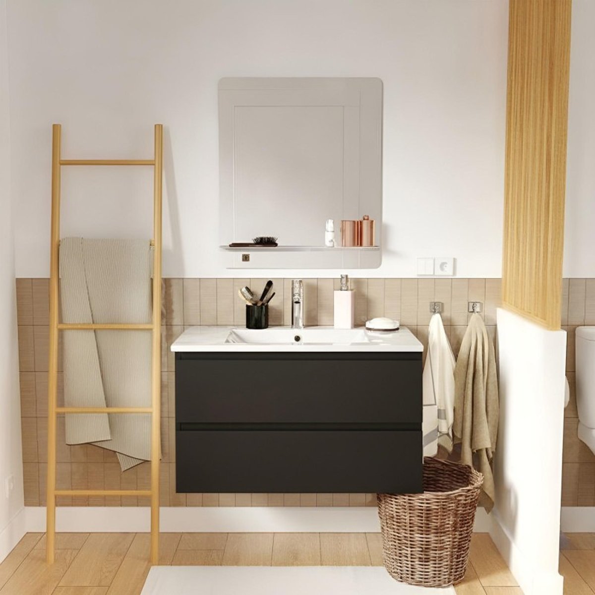 Meuble simple vasque 80cm décor chêne avec robinet et miroir SORRENTO noir satiné, MOB IN