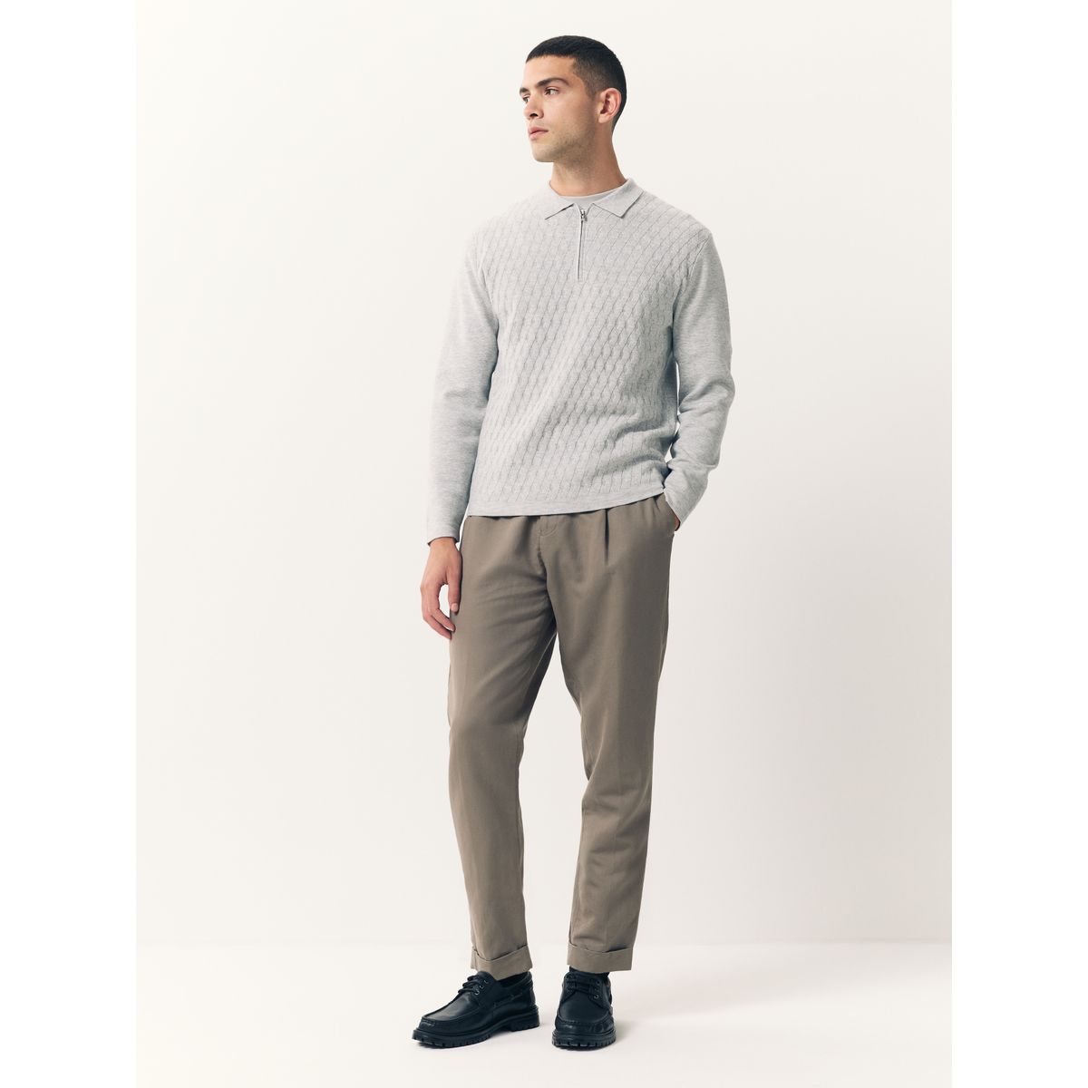 Polo regular en maille à col zippé gris, NEXT