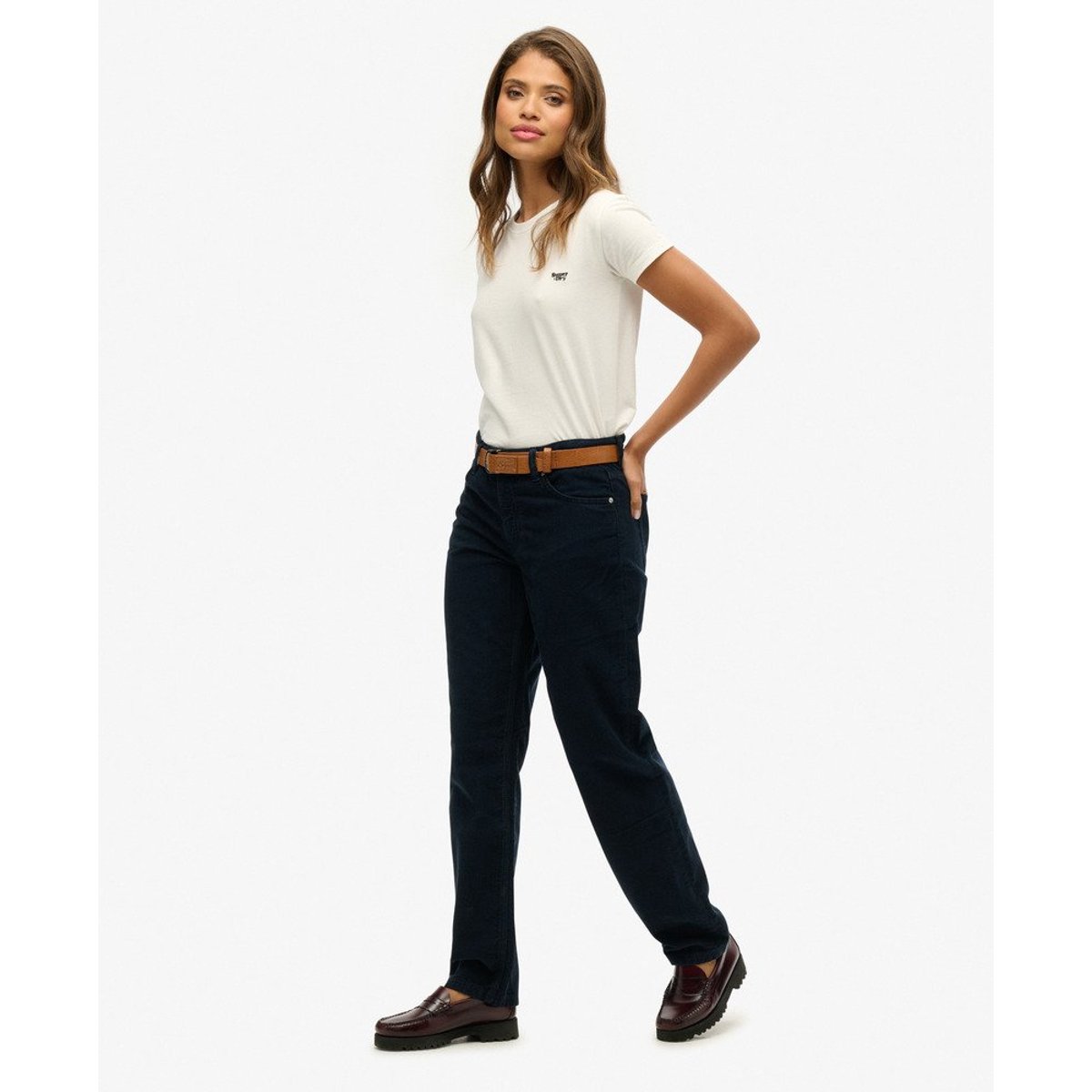 Pantalon droit en velours côtelé bleu marine nu, SUPERDRY